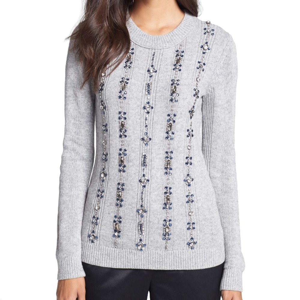Tory Burch, Etta Embellished Sweater, Light Grey Melange, Size XL